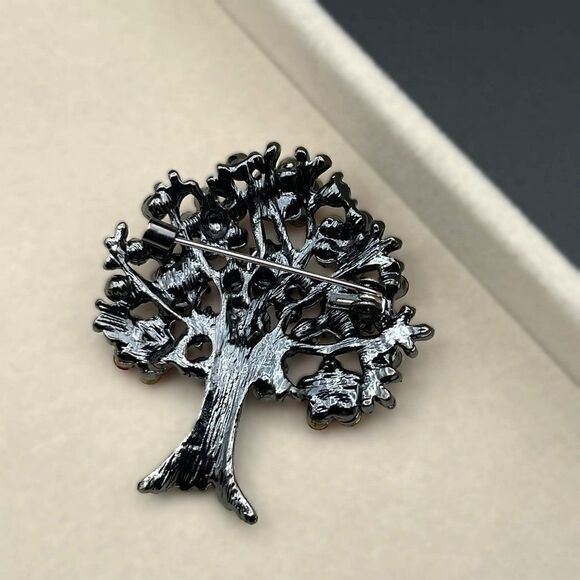 Gunmetal Gray with Dark Ruby Red Crystal Blooming Tree Pin Back Brooch - Picture 5 of 7